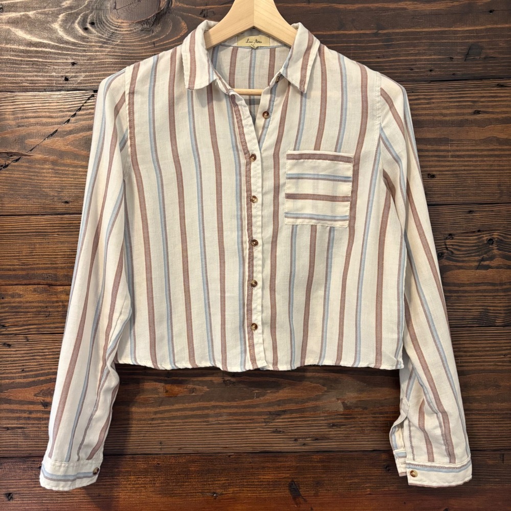 Love Notes Striped Button Down Women's M Cream Brown Blue Cropped Boho Neutral